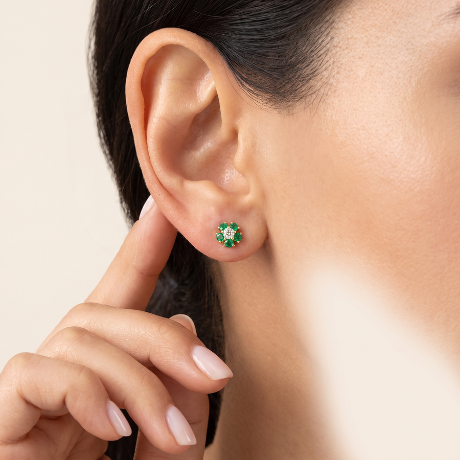 Blossom White Sapphire & Natural Zambian Emerald Studs - Emerald