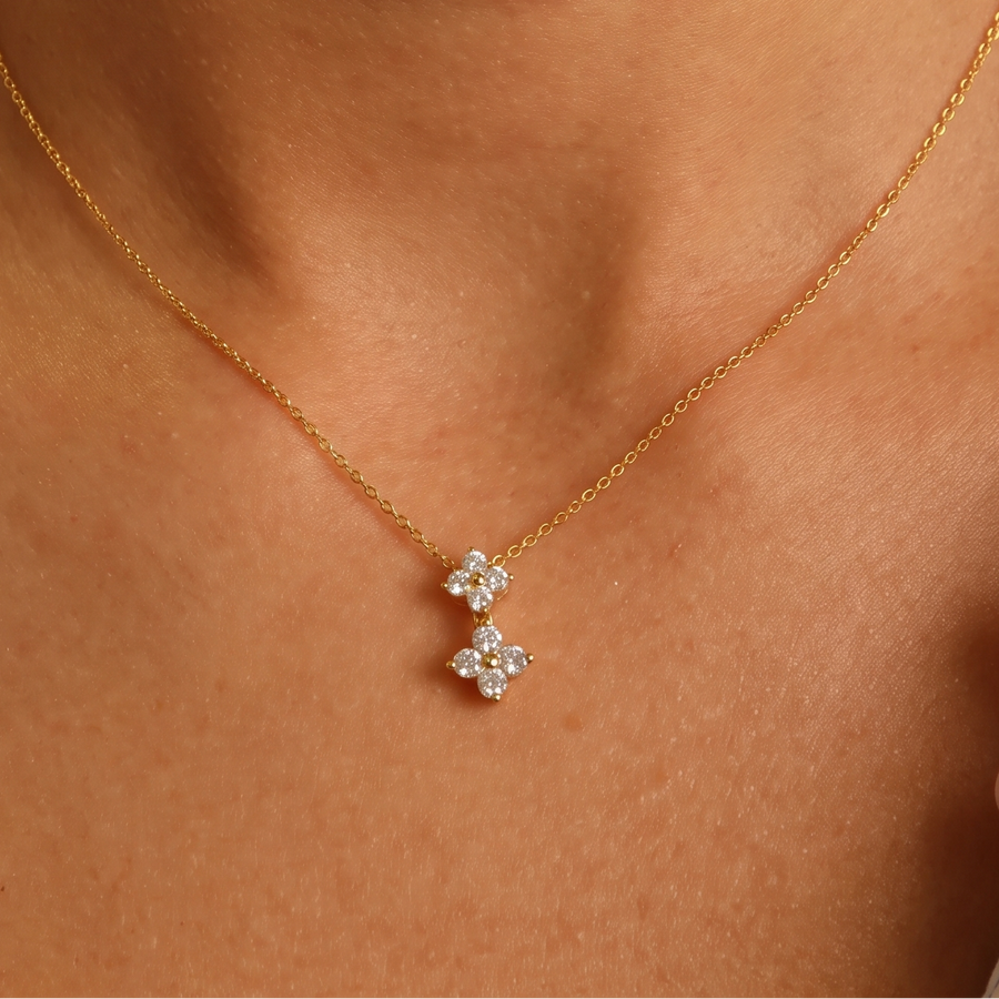 Clover Dangly Diamond Yellow Gold Necklace Close Up