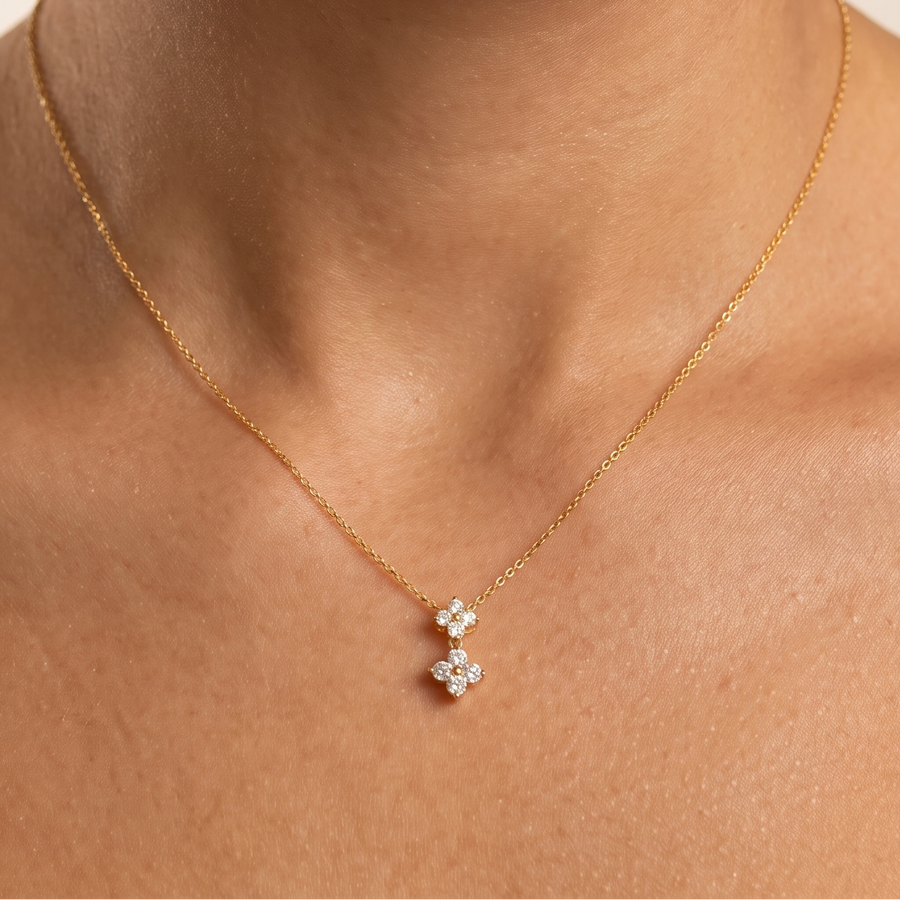 Clover Dangly Diamond Yellow Gold Necklace On Neck Close Up