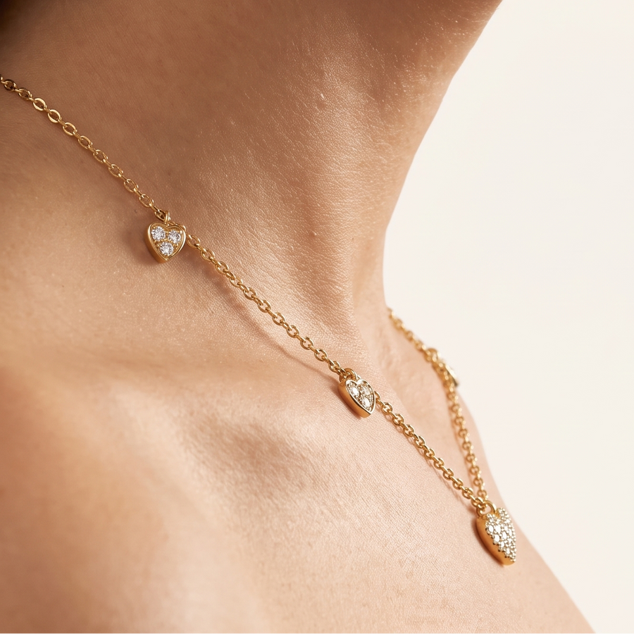 Five Petit Hearts Diamond Yellow Gold Necklace