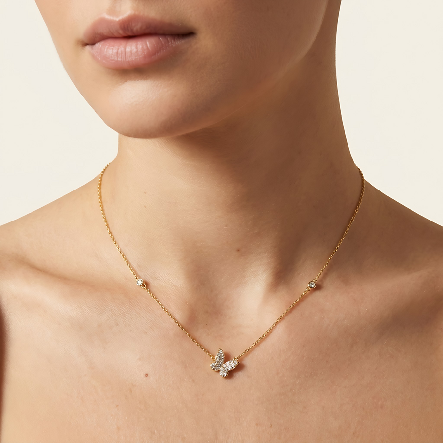 Flutter Butterfly Diamond Yellow Gold Necklace