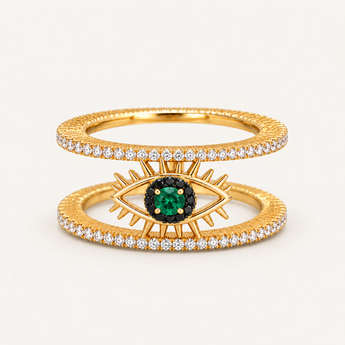Gold Tichi Oura Ring Cap with an emerald evil eye and black spinel halo