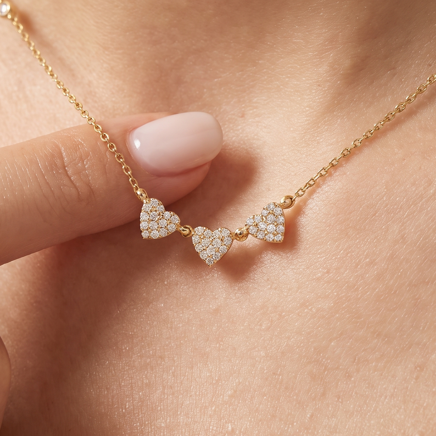 Heart Trio Diamond Yellow Gold Necklace Close Up