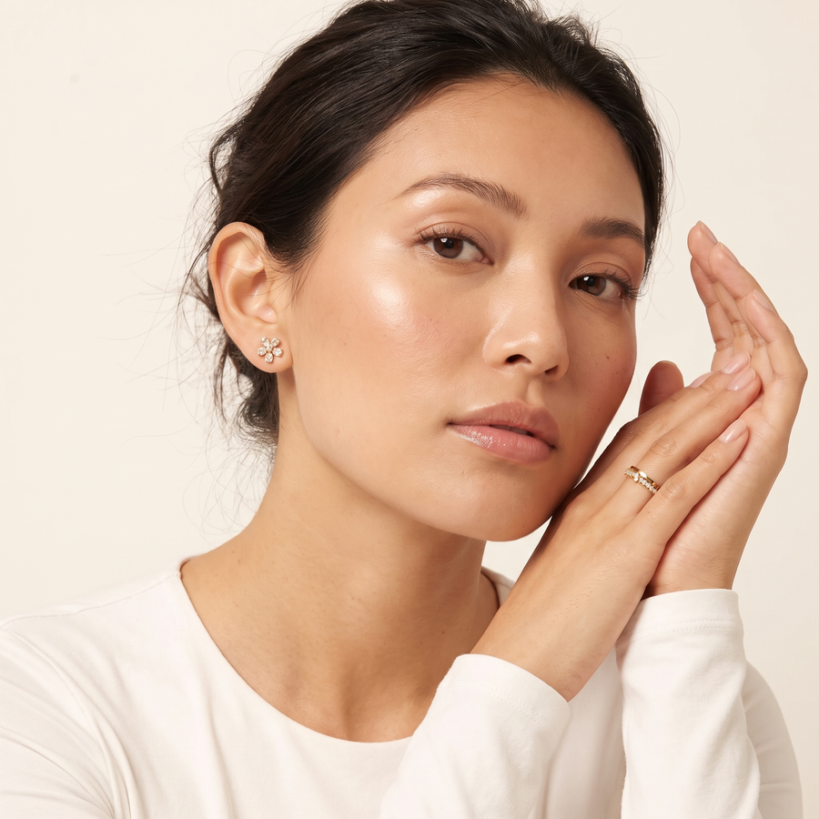 Izzy Fleur Yellow Gold Diamond Stud Earrings on model