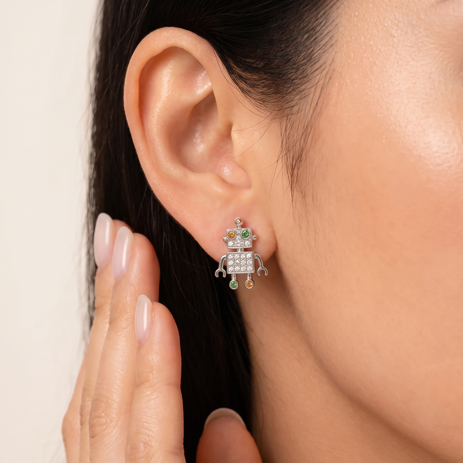 Mini Bot Citrine, Green Diopside & White Sapphire Stud Earrings White Gold