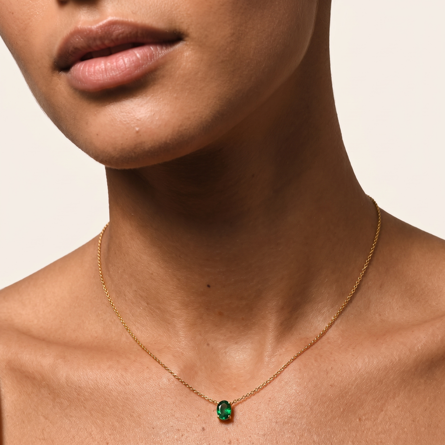 Oval Natural Zambian Emerald Necklace On Neck