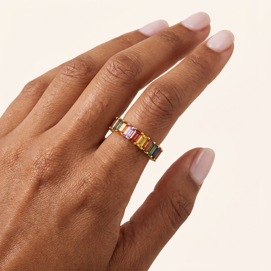 Rainbow Sapphire Yellow Gold Ring On Hand
