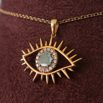 Gold pendant with eye design on a chain against a brown fabric background - Psylish