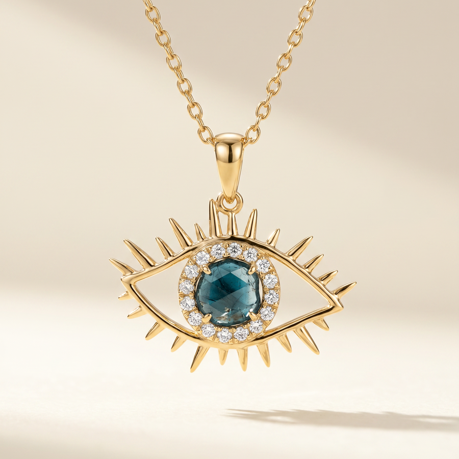 Gold necklace with an eye-shaped pendant featuring a blue gemstone on a beige background