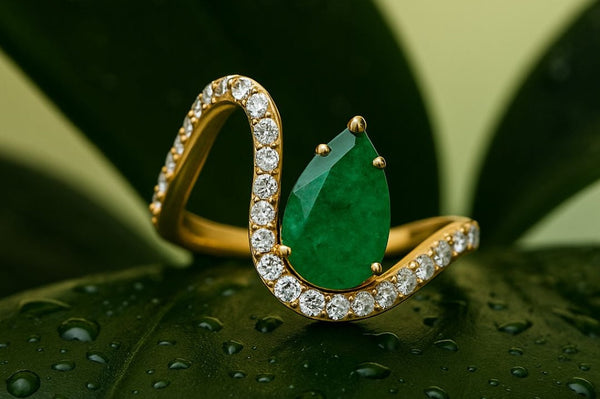 A close up shot of an emerald diamond ring