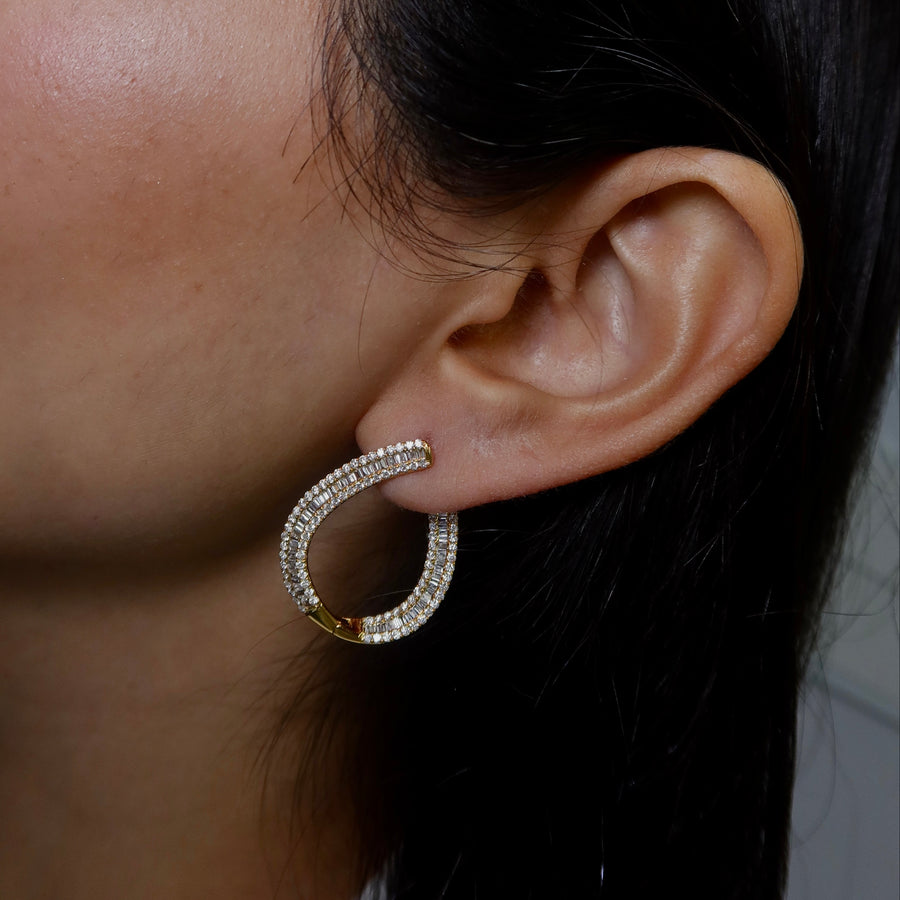 Blake Yellow Gold Diamond Hoops On Ear Close UP