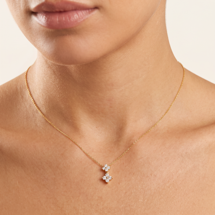 Clover Dangly Diamond Yellow Gold Necklace