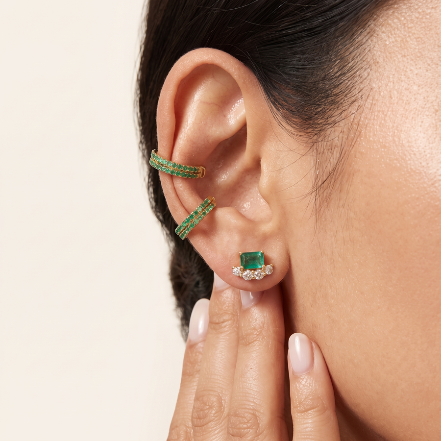 Dia Double Natural Zambian Emerald Ear Cuff On Ear with Zambia