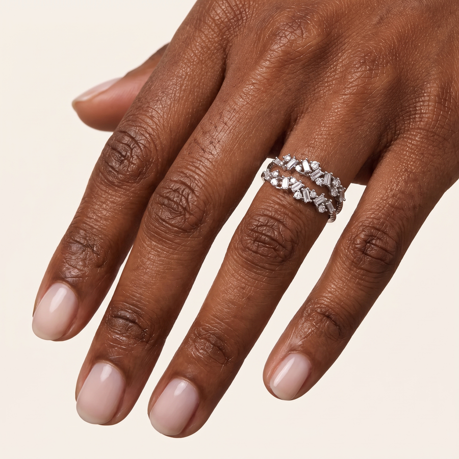 Double Baguette Diamond Ring White Gold on dark skin