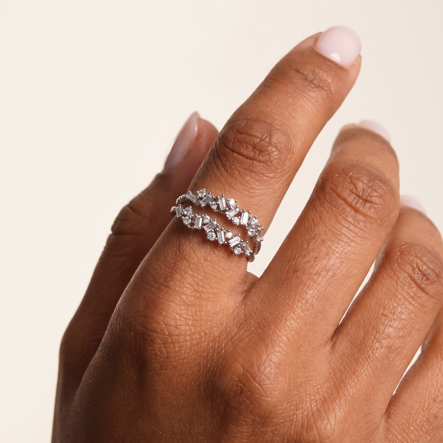 Double Baguette Diamond Ring White Gold Tan Skin