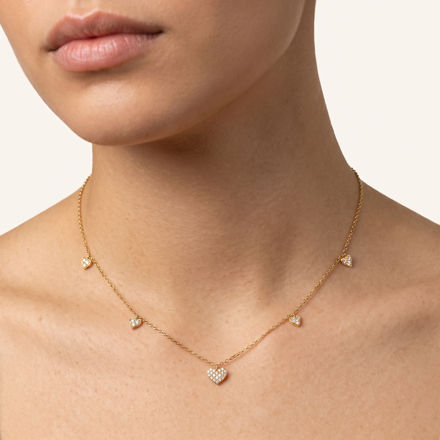 Five Petit Hearts Diamond Yellow Gold Necklace Front