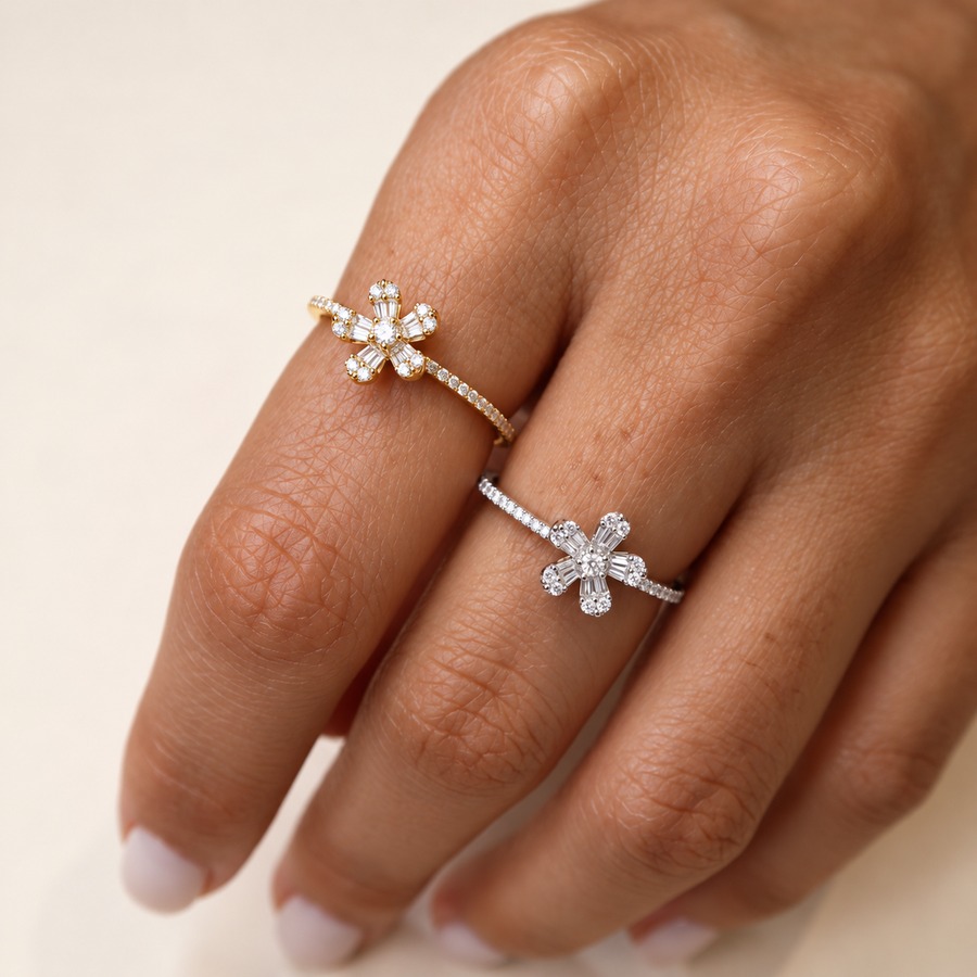 Florin Diamond Flower Ring in White Gold and Rose Gold on Brown Skin