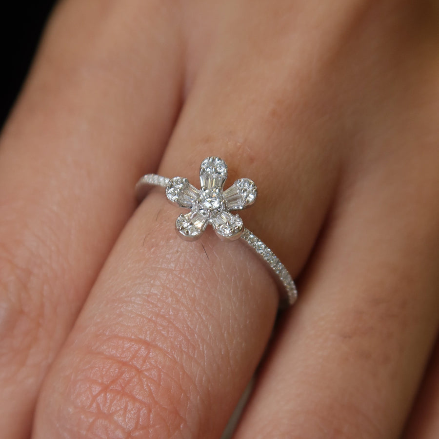 Florin flower-shaped ring on a finger with a blurred background