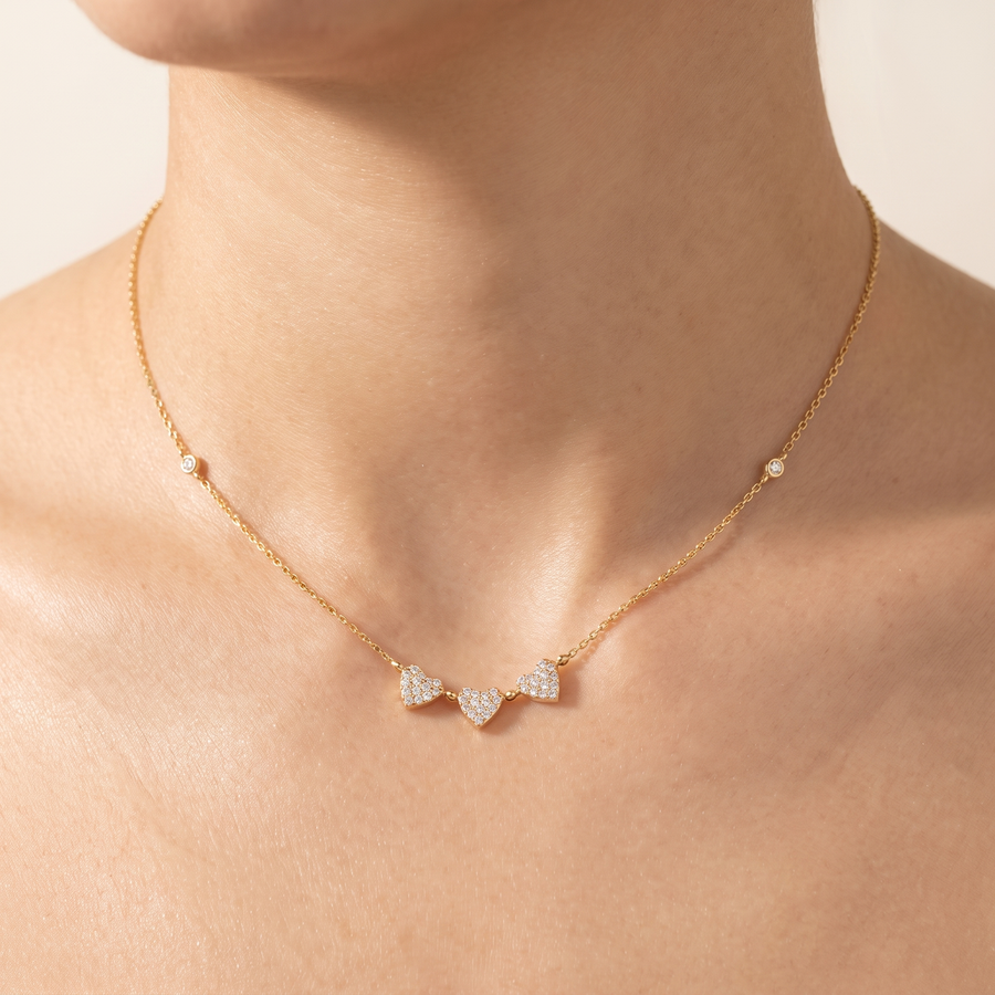 Heart Trio Diamond Yellow Gold Necklace