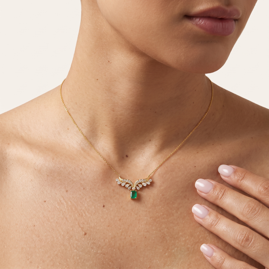 Holly Emerald Yellow Gold Necklace  on Neck