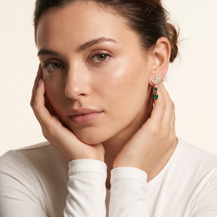 Jade Emerald and Diamond Drop Earrings on Model