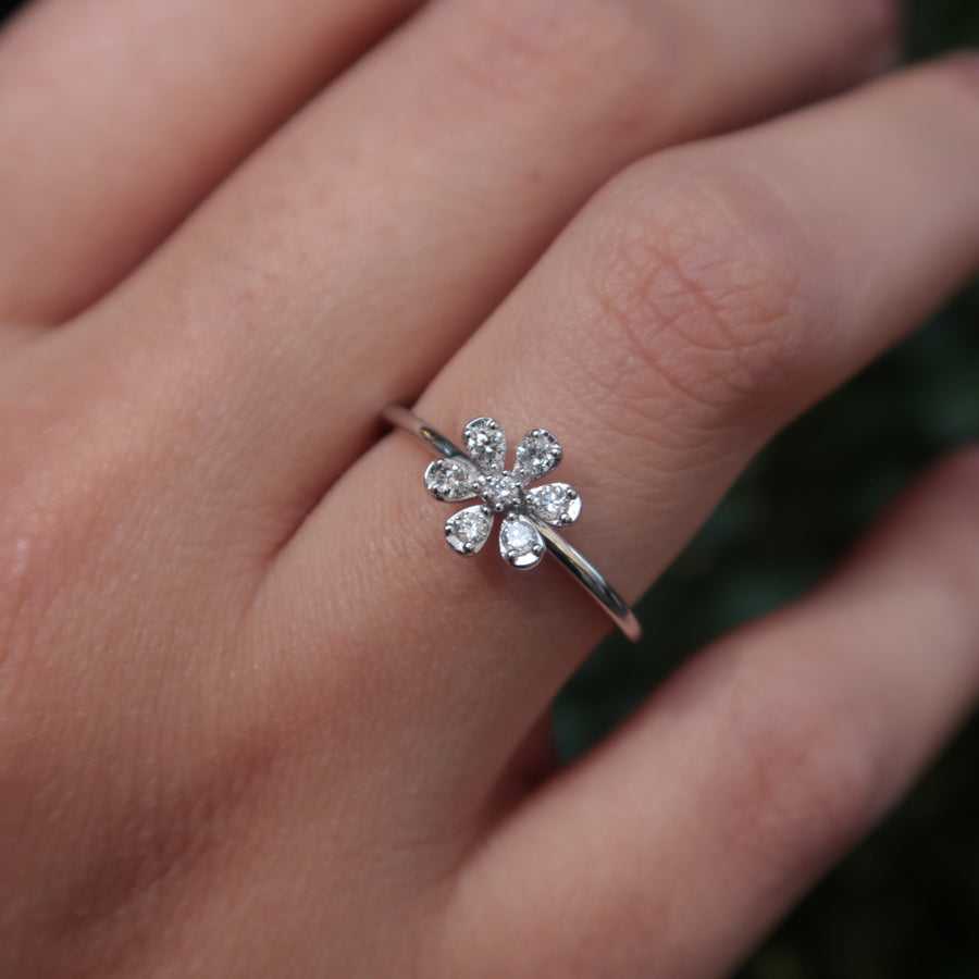 Hand wearing a white gold ring with a floral design against a blurred green background