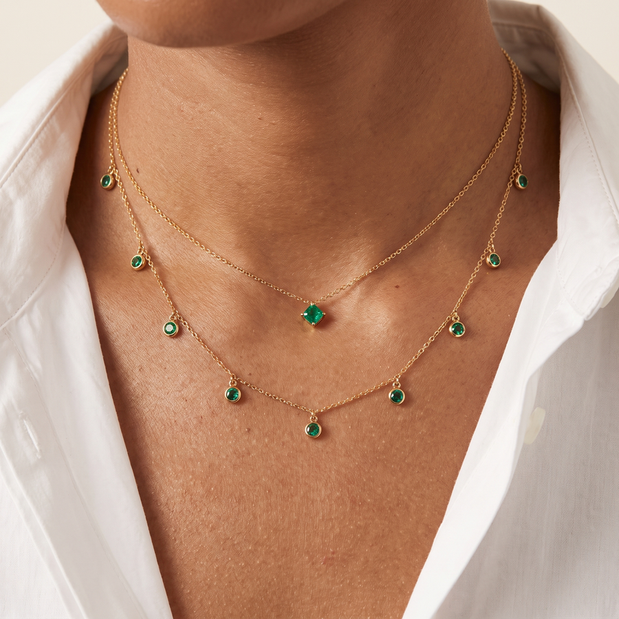 Lumina and Sera Yellow Gold Emerald Necklace Stacked
