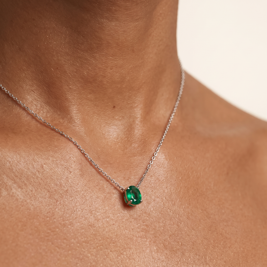 Oval Natural Zambian Emerald Necklace White Gold