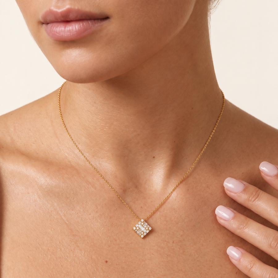 Princess Illusion Diamond Yellow Gold Necklace On Neck