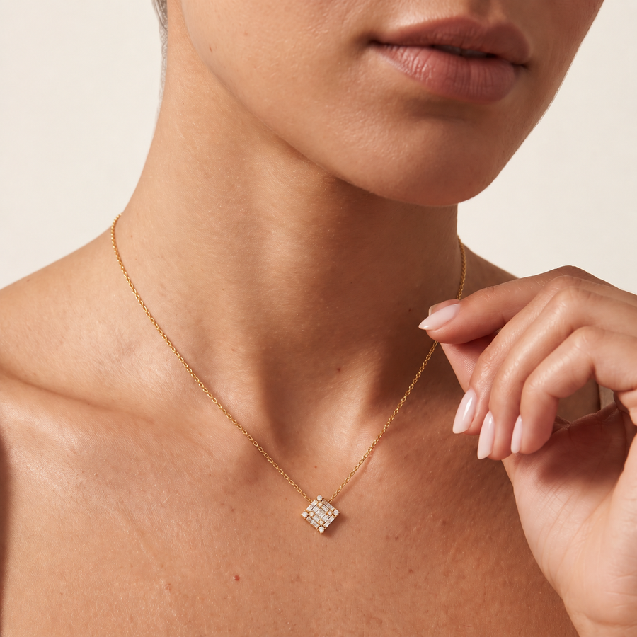 Princess Illusion Diamond Yellow Gold Necklace