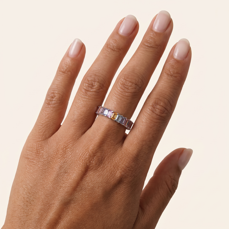 Rainbow Sapphire White Gold Ring On Hand