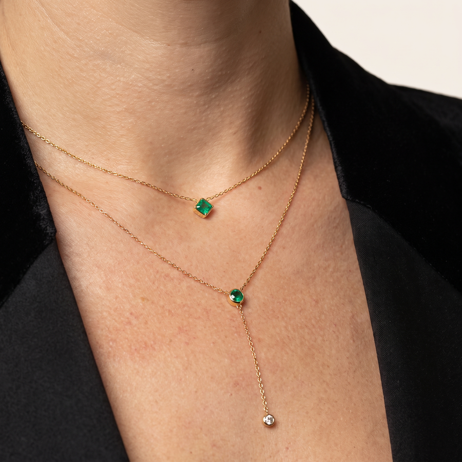 Sera Natural Zambian Emerald Necklace Layered with Gemma