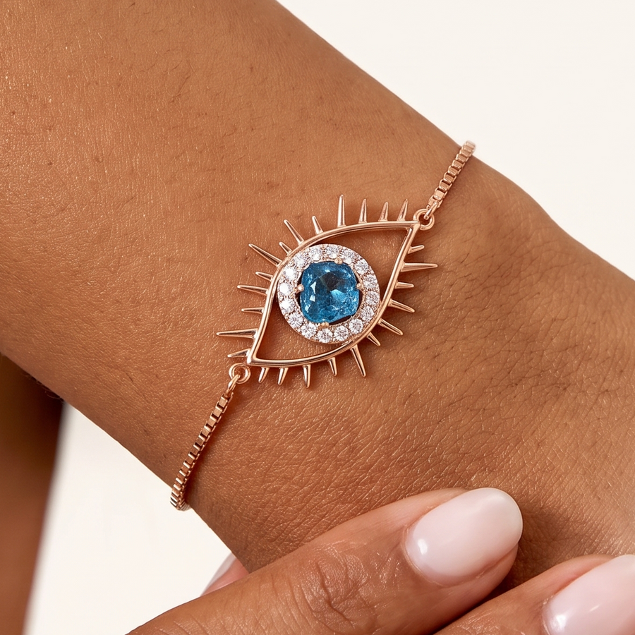 Tichi 'Evil Eye' Blue Slice Diamond Bracelet Rose Gold on hand