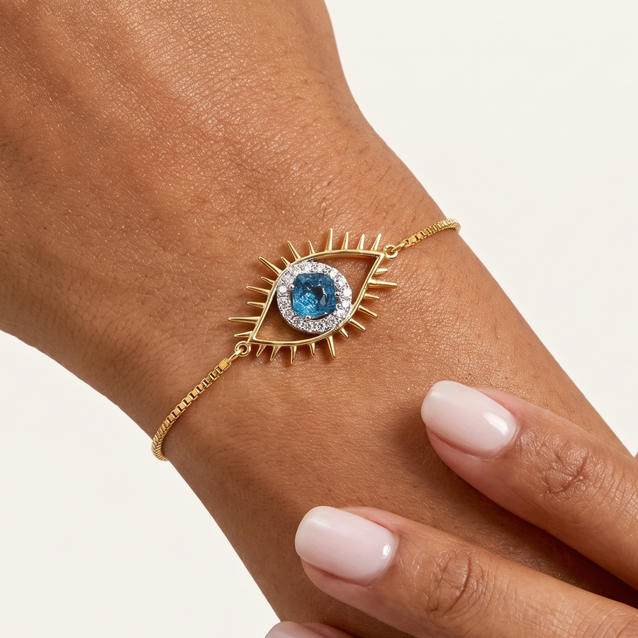 Tichi 'Evil Eye' Blue Slice Diamond Bracelet Yellow Gold on hand