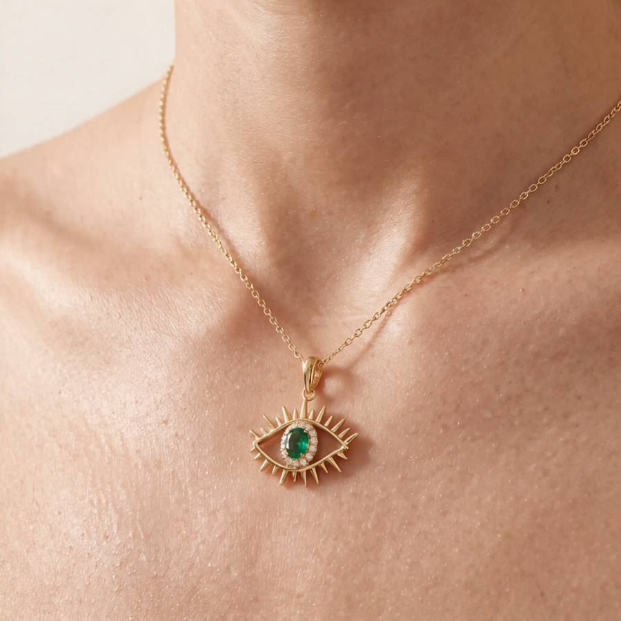 Tichi 'Evil Eye' Emerald Necklace Yellow Gold